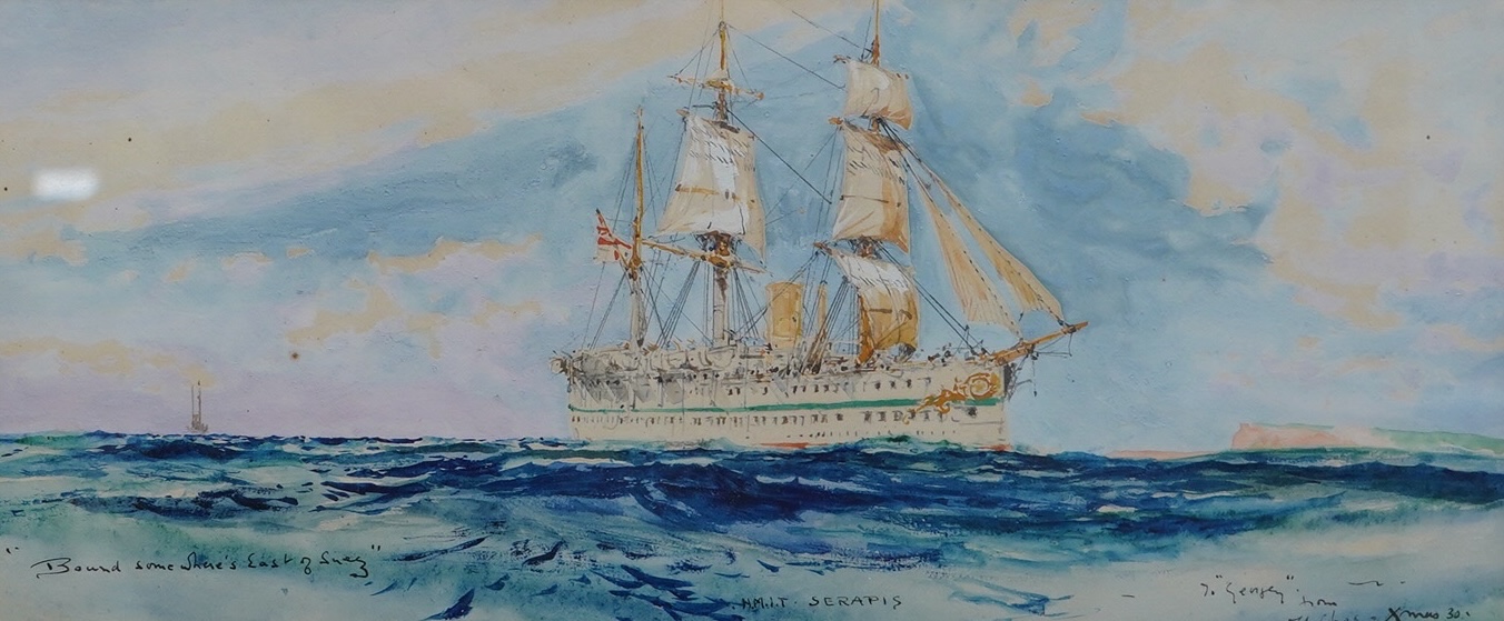 Charles Dixon (1872-1934), Maritime watercolour and ink, 'Bound Somewhere's East of Suez, HMIT Serapis', signed and inscribed 'To Gengey from old Chas Xmas 30', 12.5 x 29cm. Condition - fair